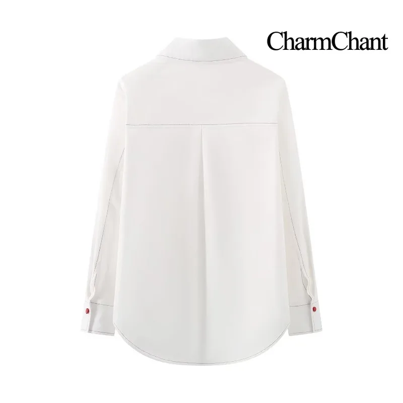 CHARMCHANT Womens Horse Embroidered Shirt Long Sleeve Contrast Stitching Loose Casual Blouse Red Button Top Spring Autumn 2026