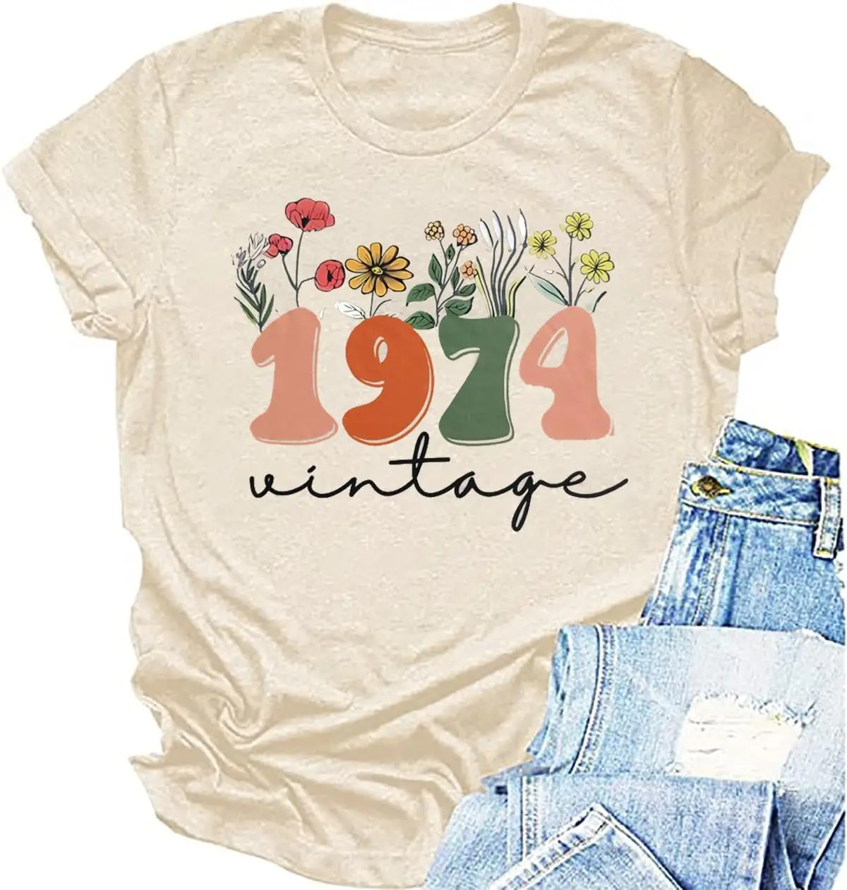 Womens 50th Birthday Shirt Vintage 1974 T-Shirt Fifty Bday Gifts Cute Flower Graphic Short Sleeves Tee Tops funny Tshirt