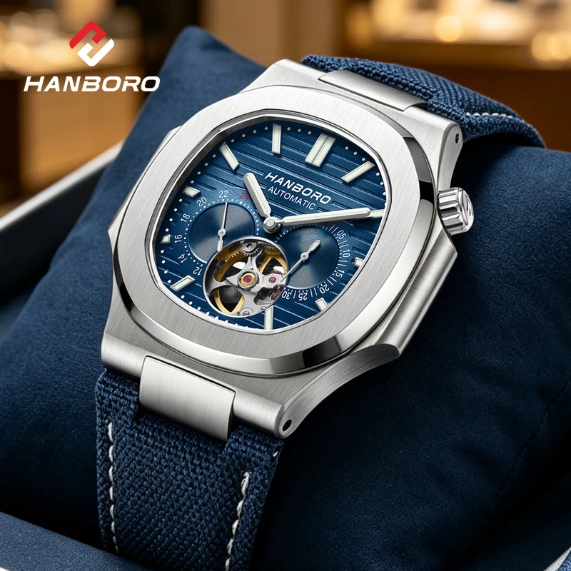 HANBORO Creative Crown Design Rose Gold Square Men's Brown Skull Mechanical Watch Canvas Strap Personalized Japanese Movement