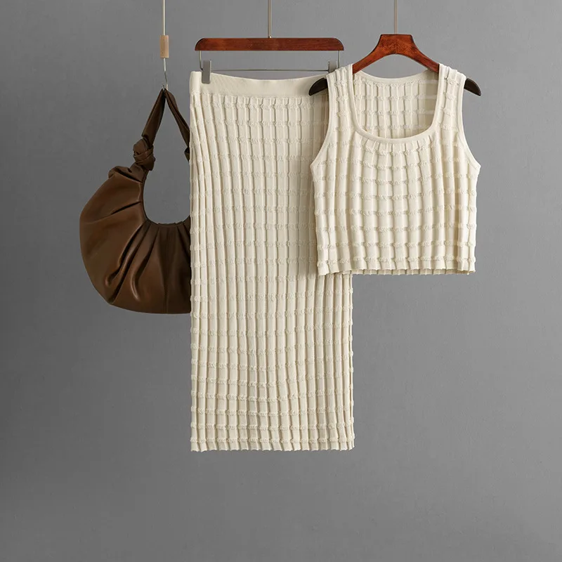 

Women's Sleeveless Top + Skirt Knitted Two-piece Set Summer Fashion Simple Sweet Versatile White Black Two-piece Lady Set
