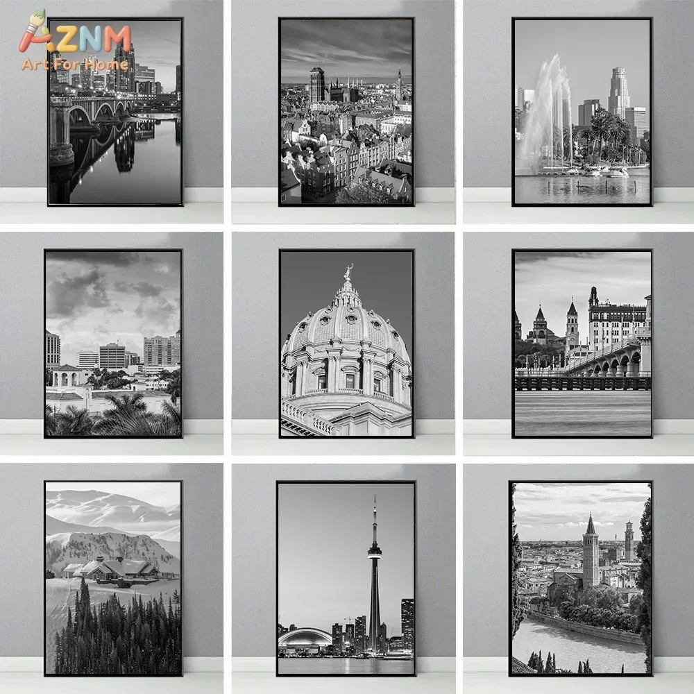 AZNM Black And White Cityscape Canvas Wall Art, Vintage Monochrome Famous Architecture Skyline Landmark Photography Print, Frame