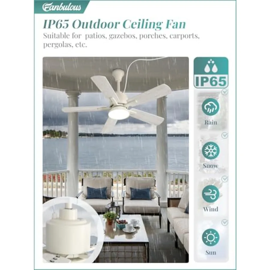 Outdoor Ceilg Fans with Light for Patios IP65 Waterproof Gazebo Fan Plug Ceilg Fan with Remote 3CCT 6-Speed Ceiling Fan with Ha