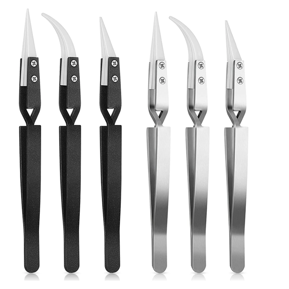 Must Have 6Pcs Precision Reverse Tweezers Pointed Curved Tips Tweezer Set Non Conductive, Anti Magnetic Soldering Tweeze