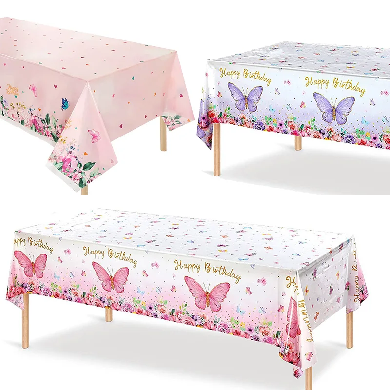 Butterfly Theme Disposable Tablecloth Rectangular Waterproof Butterfly Table Cover for Girl Butterfly Birthday Party Decoration