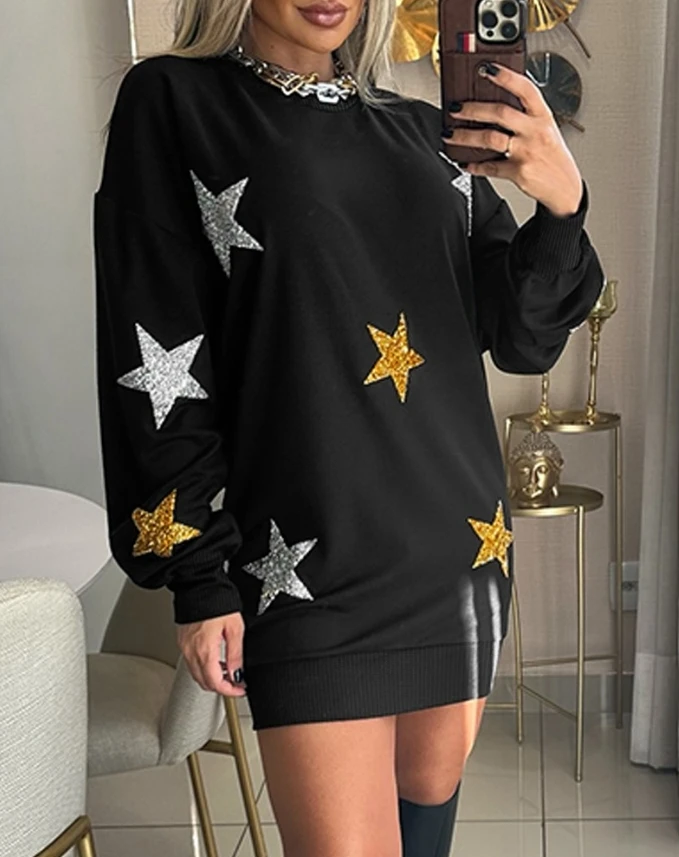 

New Fujian Southeast Girls' 2024 Spring Fashion Star Pattern Hot Stamped Round Neck Long Sleeve Mini Sportswear Dress In Stock