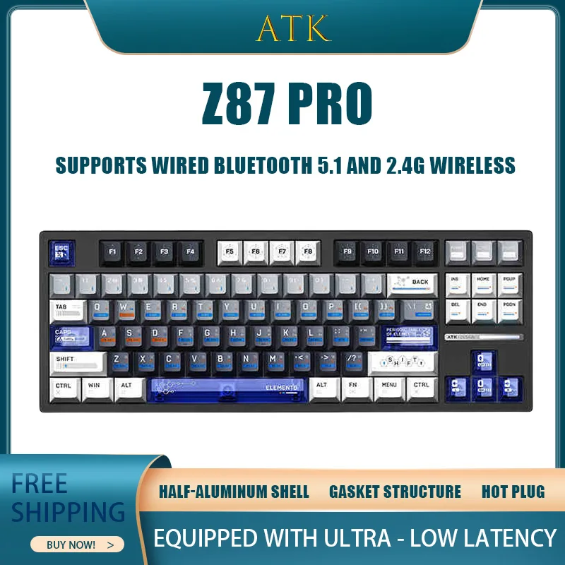 

Механическая клавиатура Atk Z87 Pro, полуалюминиевый корпус, низкая задержка, три режима подключения, структура прокладки, игровая клавиатура с возможностью горячей задержки