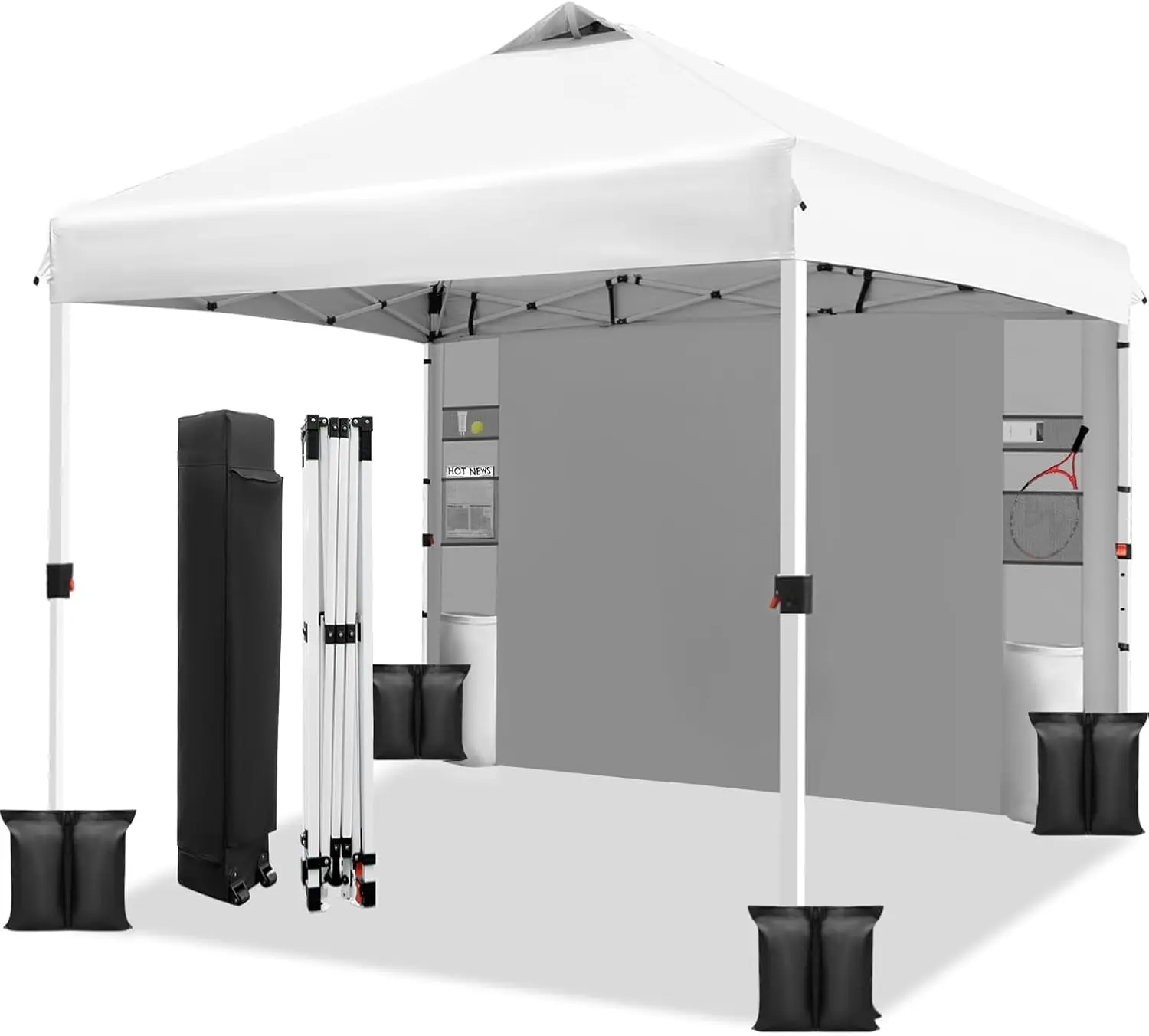 

10x10 Pop Up Canopy - One-Button Setup, 1 Sidewall (6 Pockets), Adjustable Height + 4 Weight Bags (White)