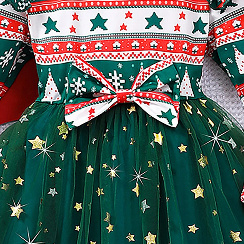 طفلة حفلة الأزهار تنورة الاطفال عيد الميلاد نمط طباعة فساتين الأميرة الفتيات ملابس الطفل نافيداد كم طويل القوس فستان شبكي