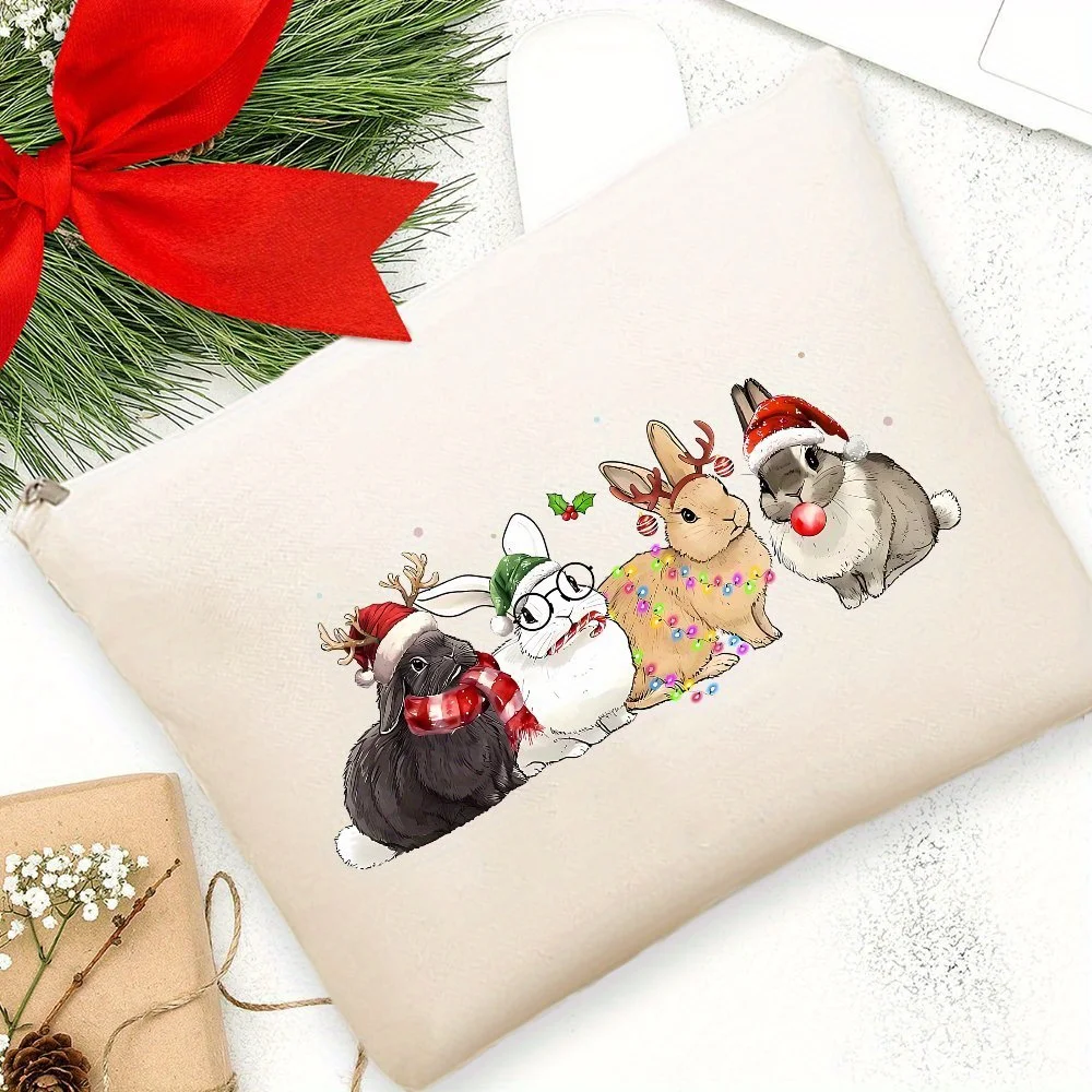 Un sac de maquillage rétro lapin de Noël – Jolie pochette multifonctionnelle à fermeture éclair pour femmes, sac de rangement de bijoux