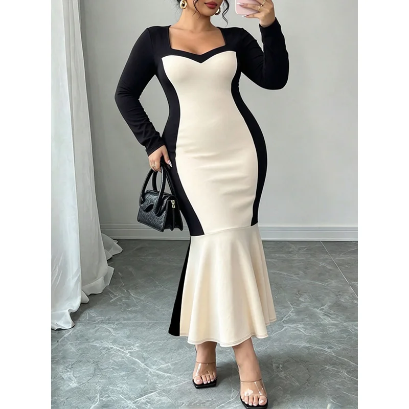 Slergiri Plus Size Sweettheart Neck Colorblock Mermaid Hem Dress Women Spring Autumn Evening Party Bodycon Elegant Long Dresses 2