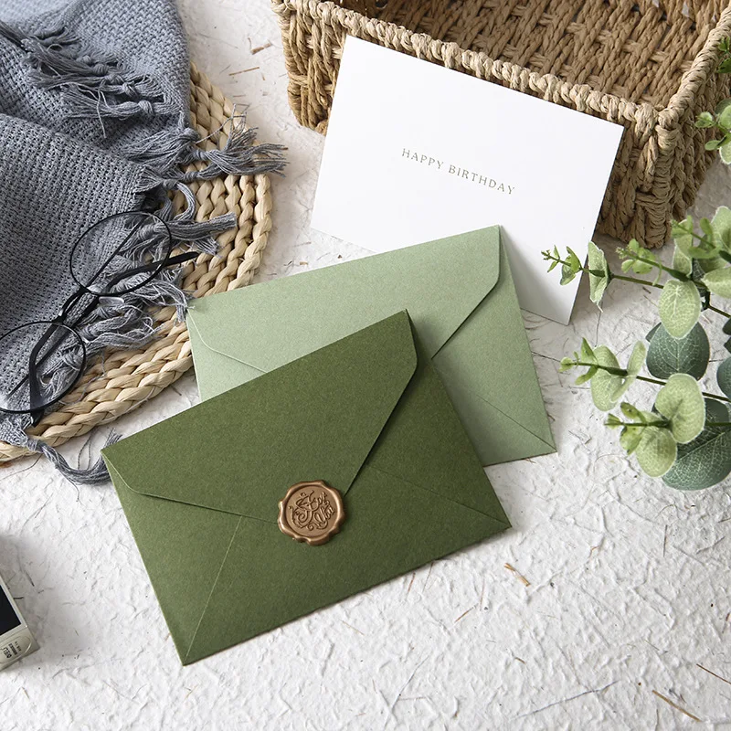 5pcs/set Retro Simplicity Green Color Envelopes Wax Stamp Seal Set Blessing Thanksgiving Invitation Envelope Printing Product