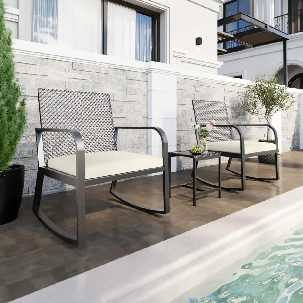 

3 Piece Rattan Patio Bistro Set, Wicker Conversation Set with Coffee Table, for Porch Backyard Balcony Patio, Black Frame
