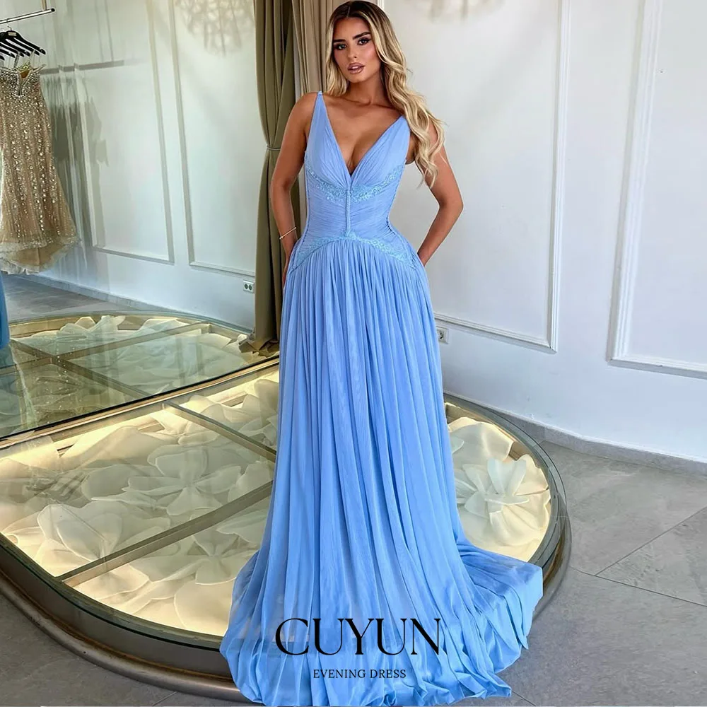CUYUN Vネック ブルー ノースリーブ ロング プロムドレス カスタムメイド Aライン イブニングドレス 女性用 フォーマル ウェディング ゲストドレス ブライズメイド用