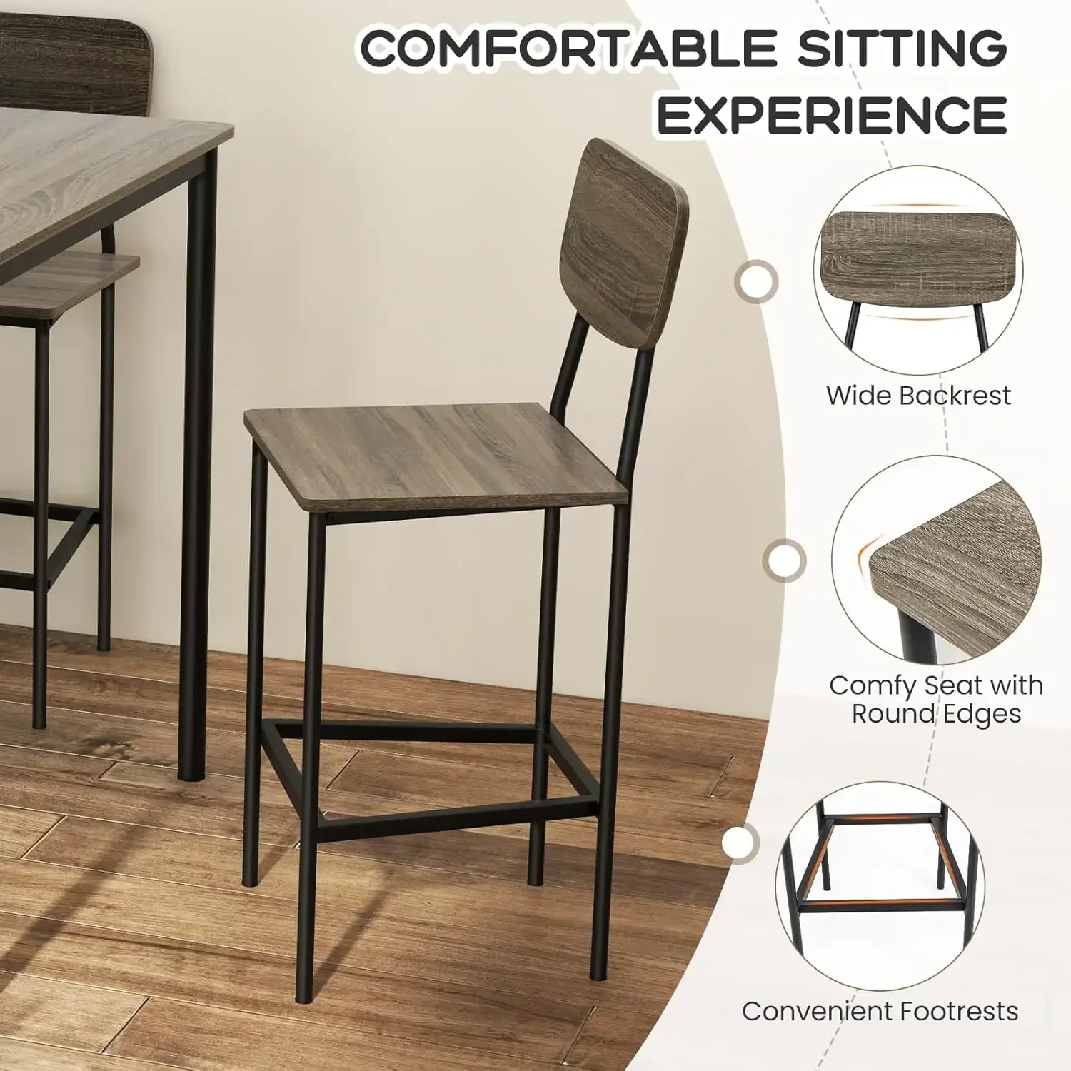 

Bestseller[XMSJ]5-Piece Dining Table Set W/Counter Height Table & 4 Bar Stools, Modern Kitchen Dining Set W/Footrest & Backrest,