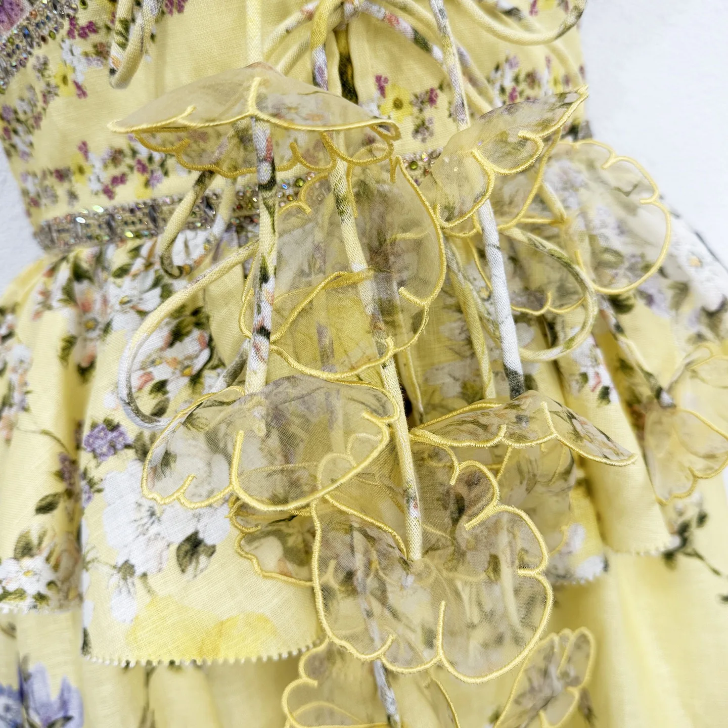 Summer Fashion Party Floral Print Linen Knee-Length Dress Women's V-Neck Appliques Lace Up Diamond High Waist Flounces Hem Dress - view 5