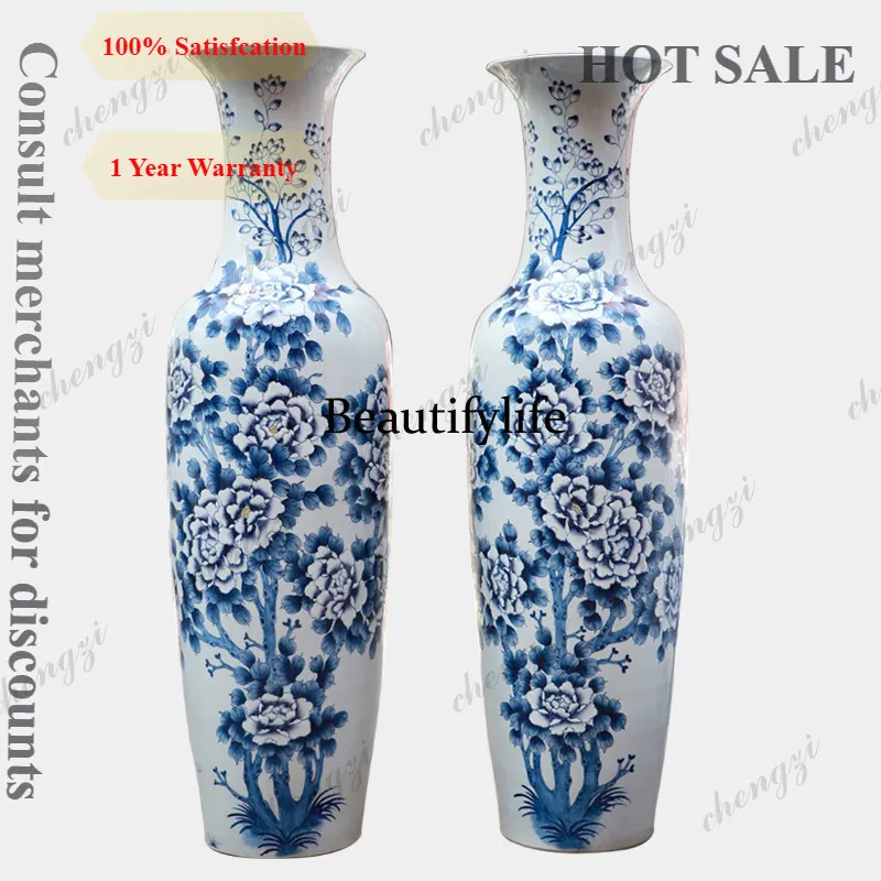 B56 Jingdezhen ceramics, blue and white pastel peonies, antique floor vase, hotel, living room home decoration