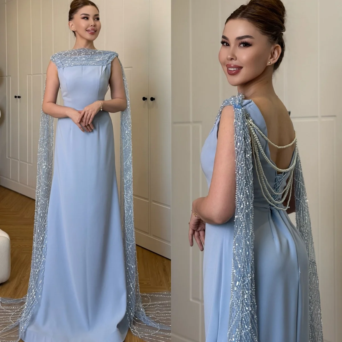 

Customized Classic Light Blue Jersey Evening Dress Delicate Crew Neck Cap Sleeve Sleeveless Lace Up Back Special Occasion Gowns