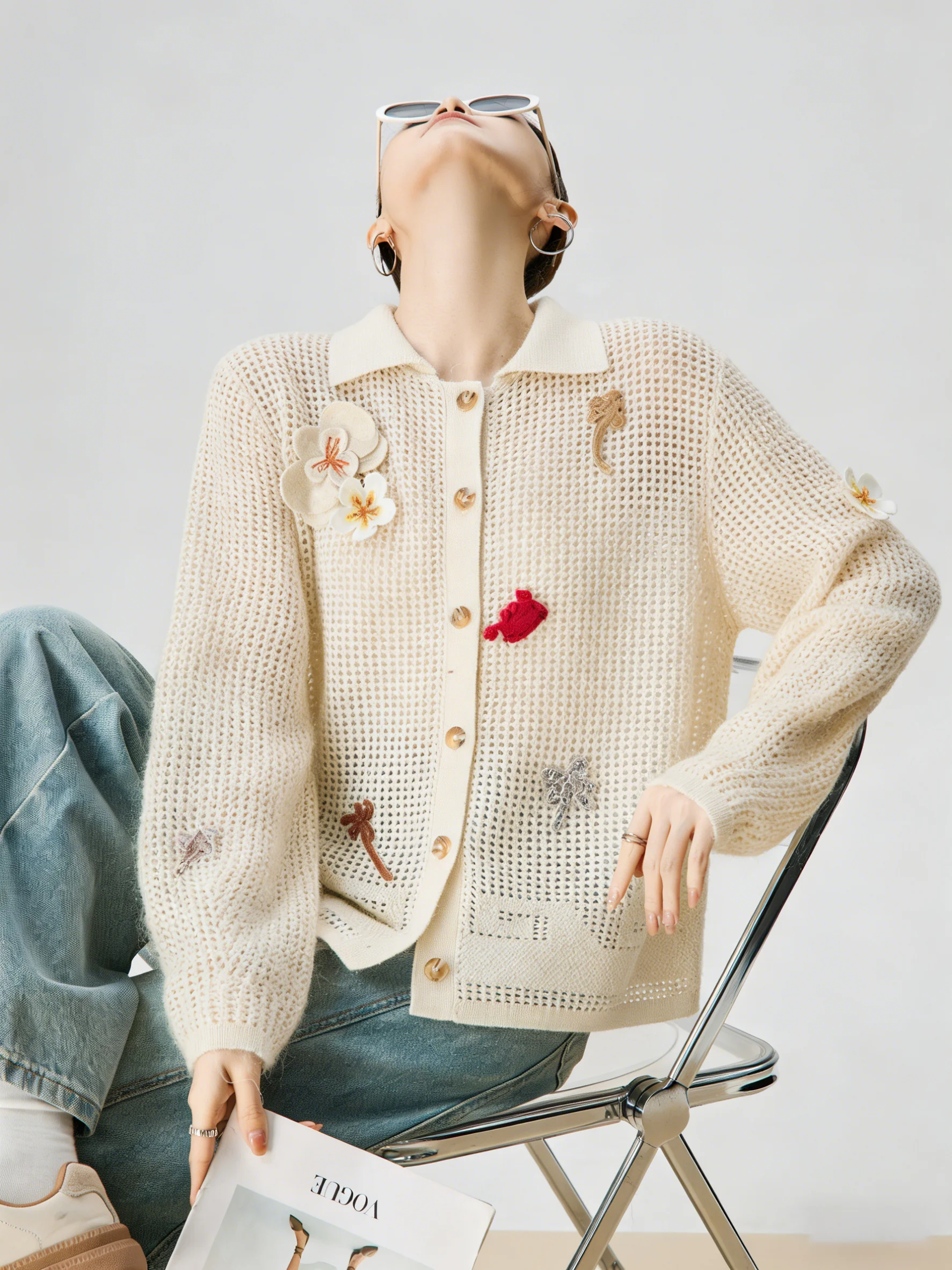 

Apricot Hollow out Knitted Cardigan Sweater Spring Sle Floral Plant 3D Embroidery Women's Faion Top Vintage Casual Polyes...