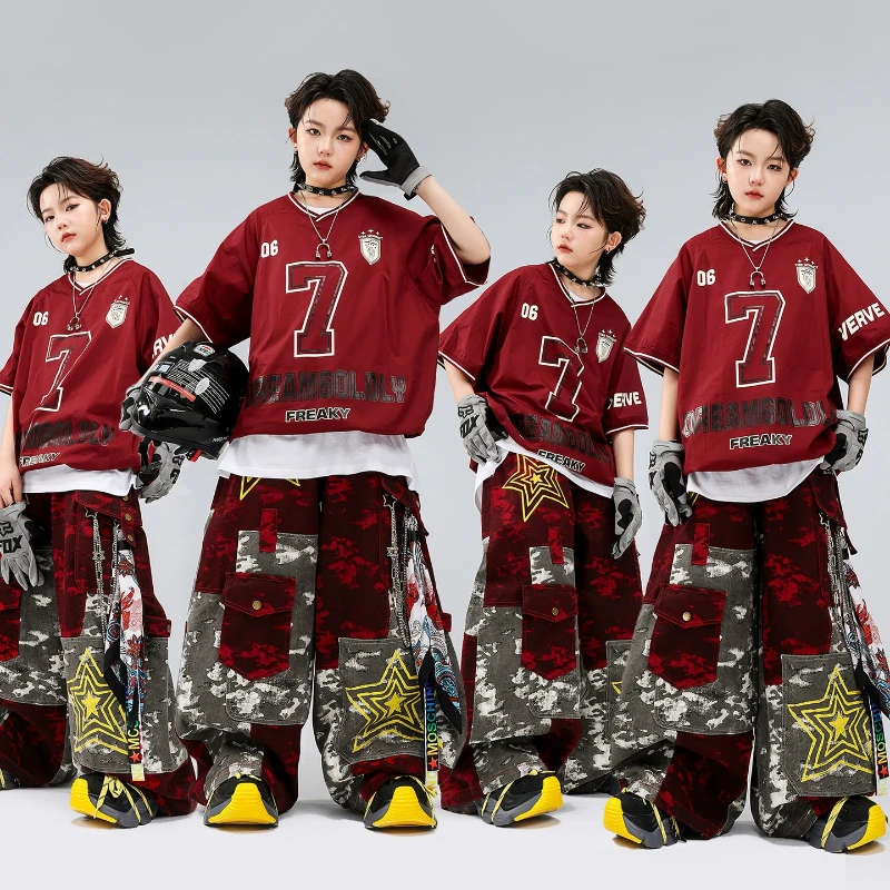 

Костюм для танцев в стиле хип-хоп для мальчиков, топ с короткими рукавами, широкие брюки, модный комплект одежды для выступлений в стиле джаз, одежда в стиле K-pop, групповая сценическая одежда