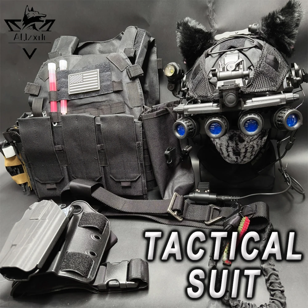 

Tactical Skeleton Gear Set FAST Protective Helmet with Vest Headphones Belt Signal Light NVG Model Flashlight for CS Cosplay