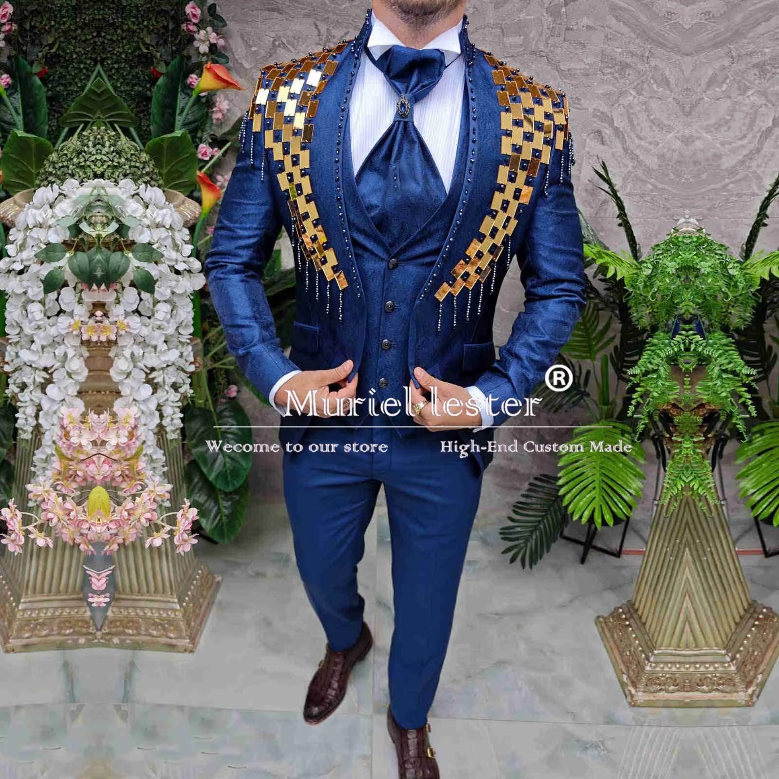 Blue Suits Men Elegant Ceremony Collection Gold Stone Beaded Groom Wedding Blazer Slim Fit Men\'s Tuxedos Bespoke  Costume Homme