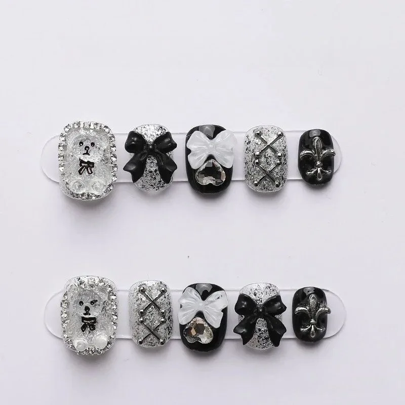 

10pcs Handmade Bear & Bow Press-On Nails - Short Square Glossy Fake Nails with Cute Cartoon Bear&Elegant Bow Designs False Nails