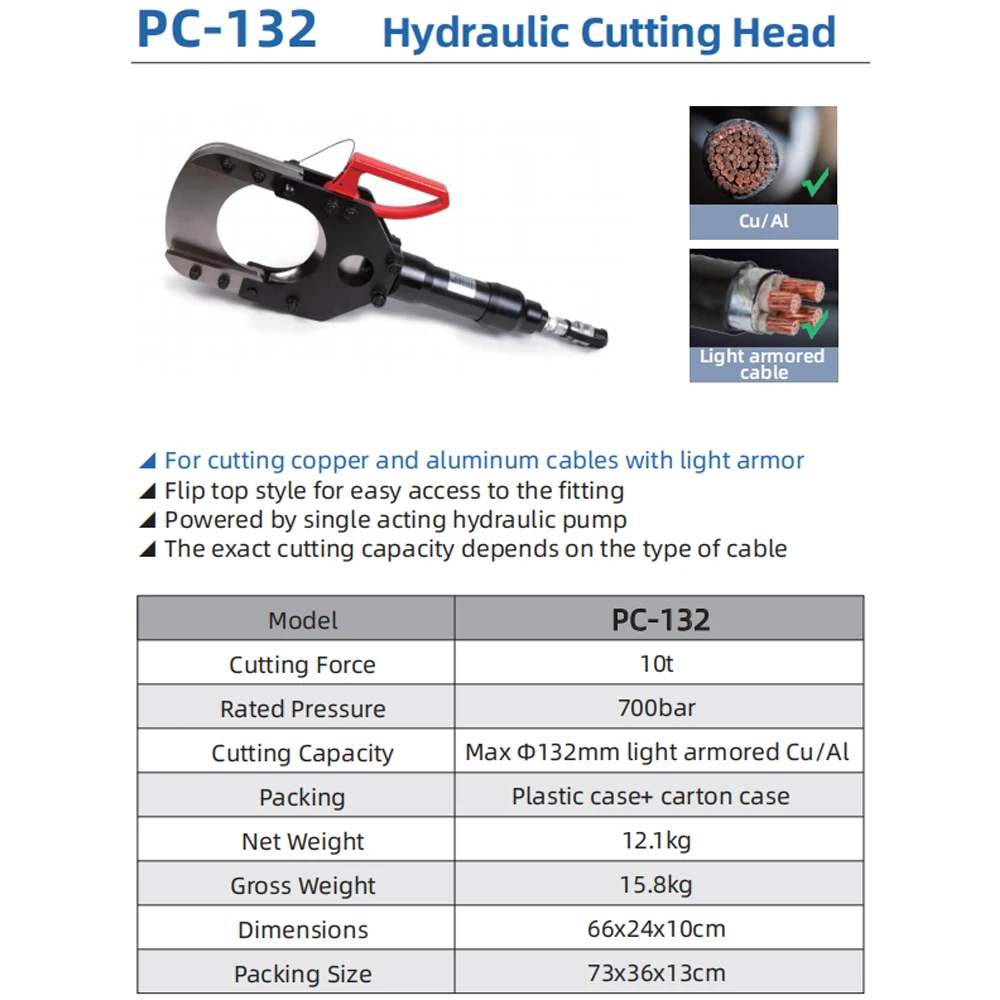 -132 Hydraulic Cutting Head 10T 700bar Max132mm Light Armored Cu Flip Top Style