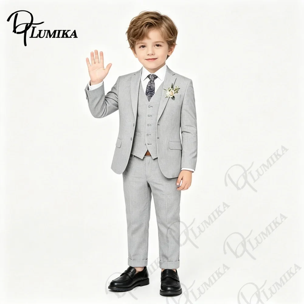 Boys Formal Grey Linen Suit 4PCS with Floral Tie 2026 Blazer Vest Pants for Wedding Birthday Graduation Occasions 3 13 Years