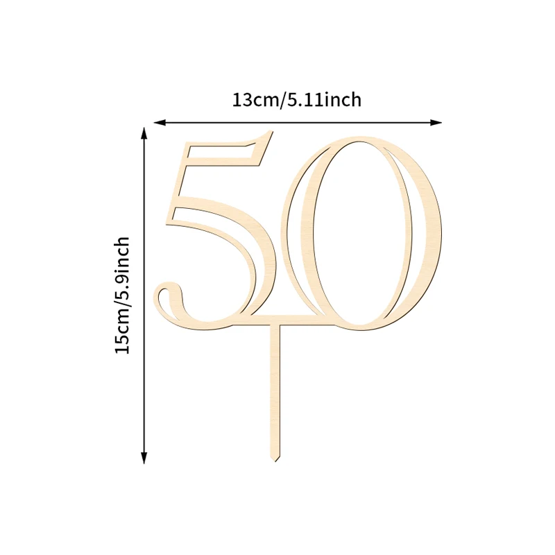 NUBECOM 50er Kuchen-Topper aus Holz, 50. Geburtstag Kuchendekoration, Nummer 50 Kuchenschmuck für Hochzeit, Jubiläum, Party, Kuchenschild – Detail 4