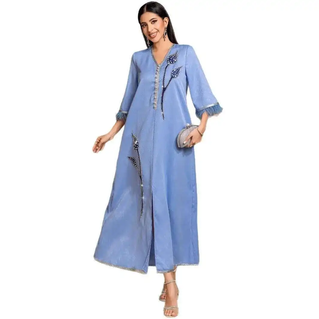 Ba3025 femmes brodé argent plume garniture Robe Jalibaya Robe longue Robe Abaya Ramadan dubaï luxe Islam élégant