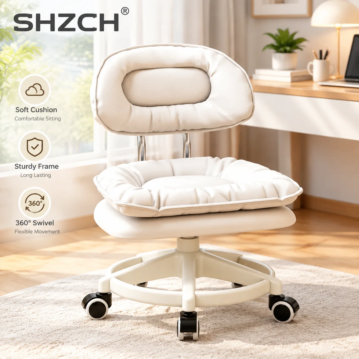 Household Small Stool with Wheels Swivel Low Stool Rolling Ottoman with Backrest Mobile Bench Portable Lightweight Seat