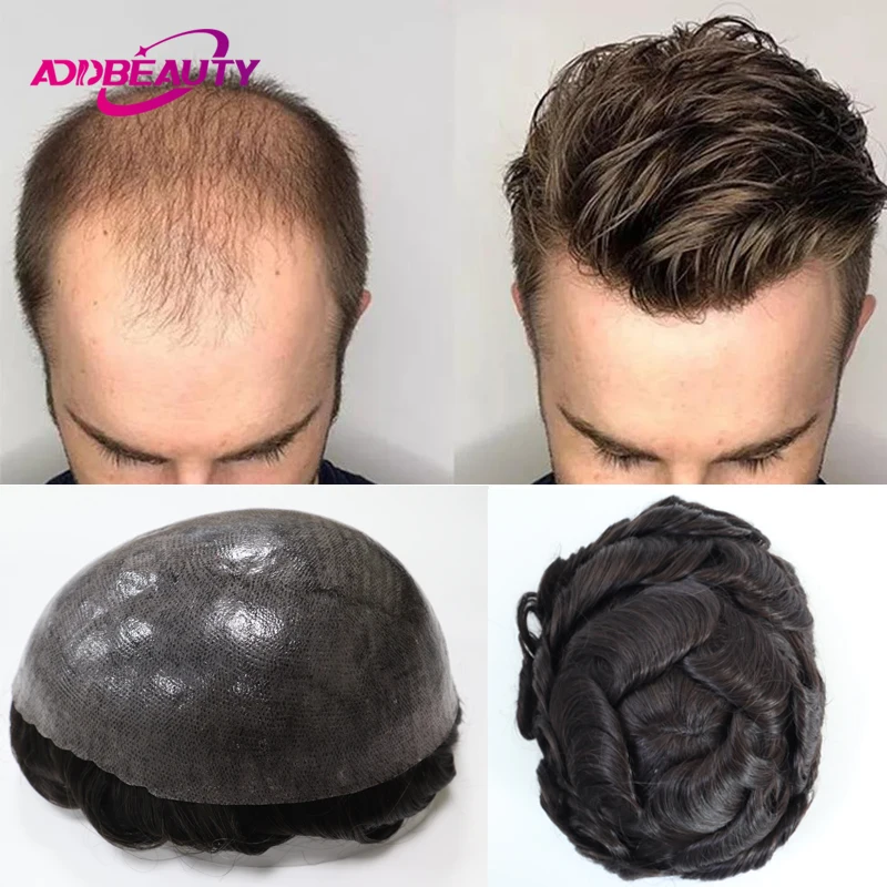 Men Toupee Indian Human Hair Wigs Thin Skin Full PU 0.12cm Human Hair Wigs With Knots Natural Hairline Indian Hair System Units