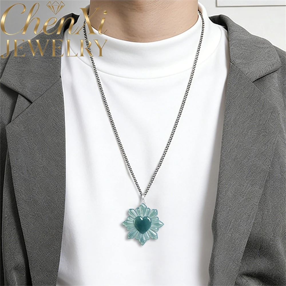 

S925 Silver Set With Natural Blue Water Ice Type Jadeite Ice Prism Heart Pendant Luxury Quality Fashion Fine Jewelry Exquisite