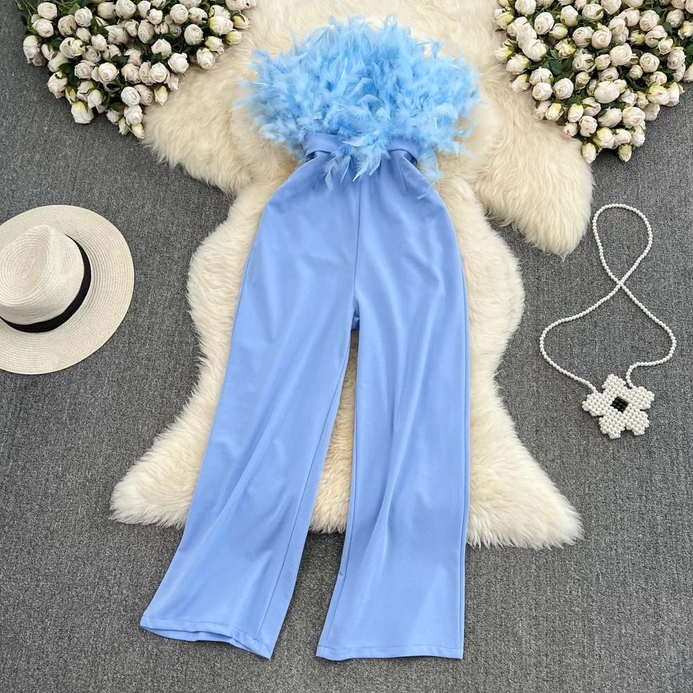 Ele Feather Tassel ter One-Piece Pants High Waist Slimming Straight Leg Summer Faion Luxury Sensation Jumpsuit