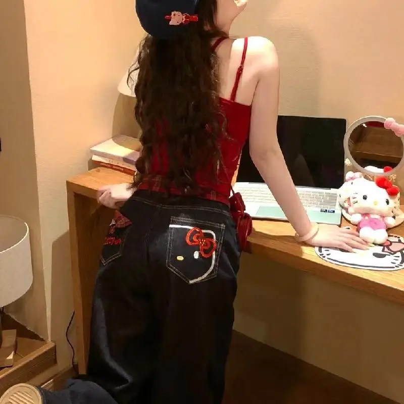 سانريو مرحبا كيتي المتضخم جينز مطبوع أنيمي Y2K موضة الهيب هوب الاتجاه شارع العليا Harajuku نمط عادية مستقيم بانت المرأة #3