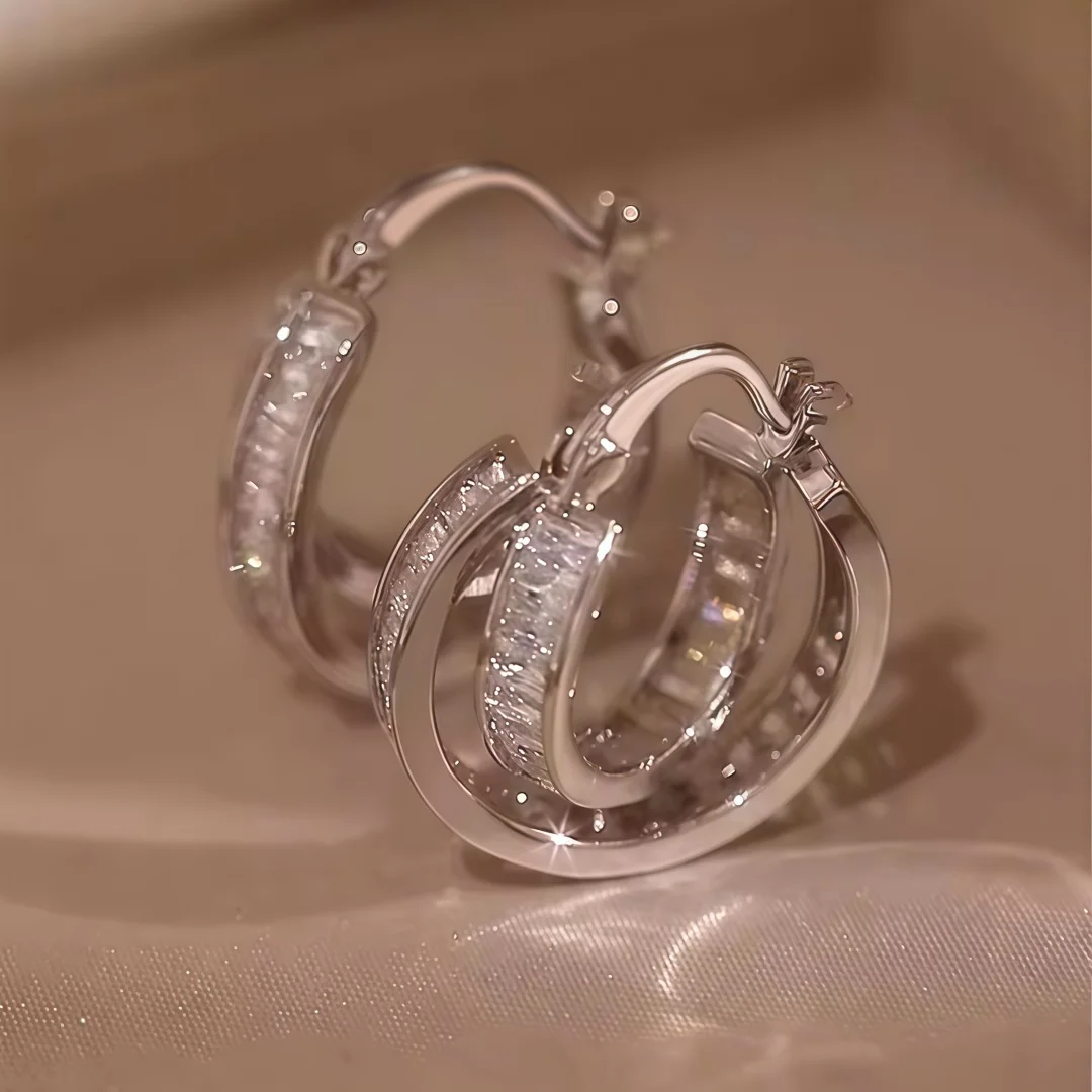 925 Sterling Silver Light‑Luxury Fashion Diamond‑Inlaid Double‑Loop Ear Cuffs for Women, Elegant and Versatile for Banquets - view 3