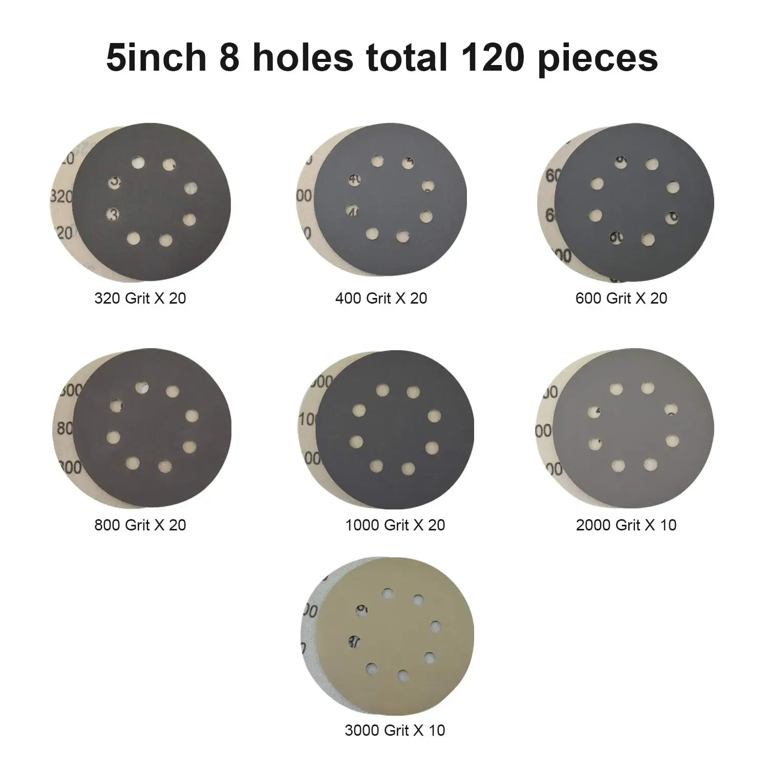 5 Inch 8 Holes Wet and Dry sandpaper Kit 122 Pcs Hook & Loop Silicon Carbide Round Flocking Sandpaper 320-3000 Grit for Grinding