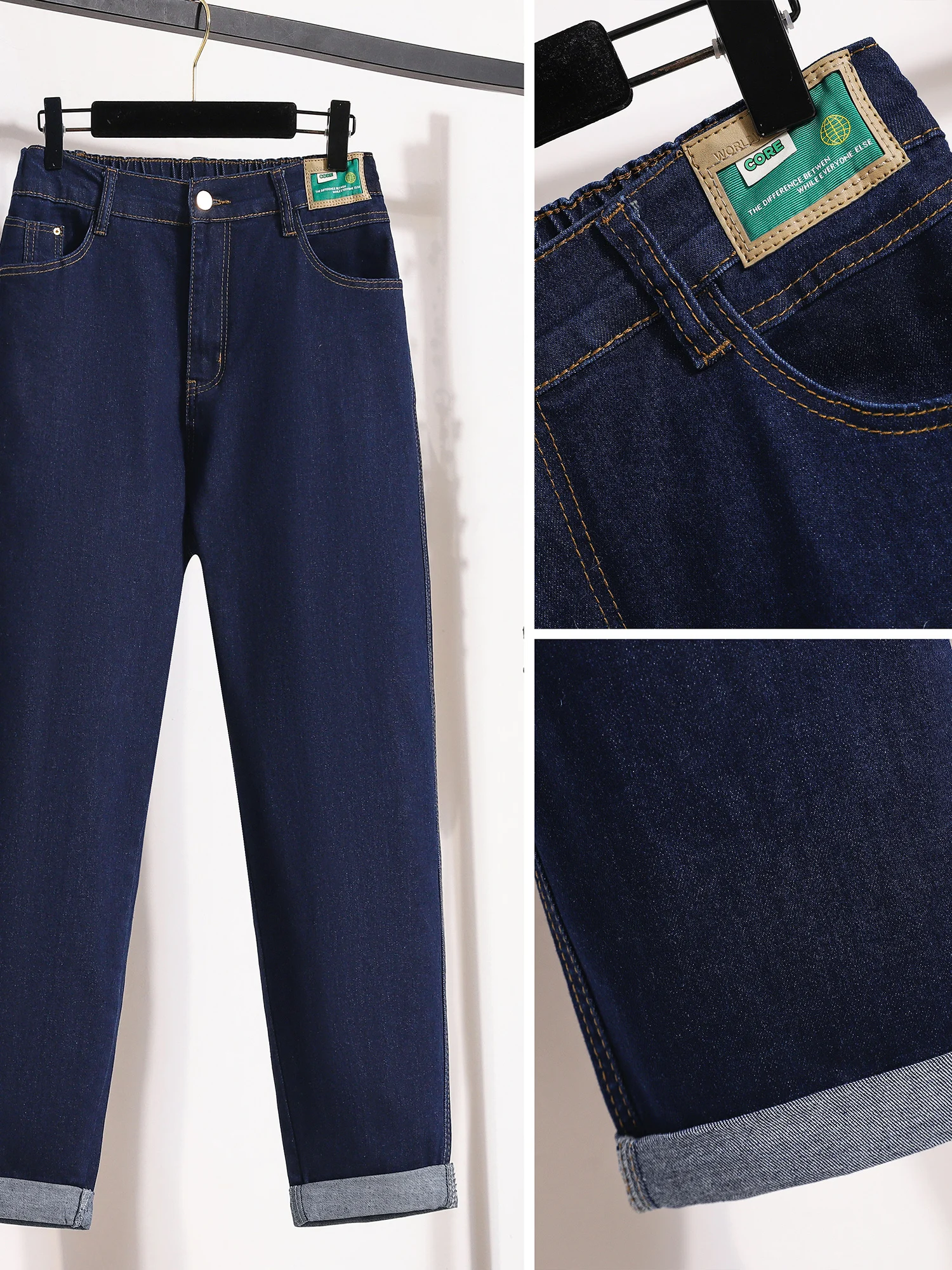 Printemps 2026 grande taille femmes jean taille élastique coupe ample hanche et cuisses Thi neuf Points décontracté jambe droite coton Denim