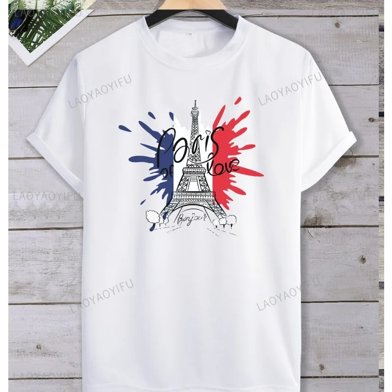 Casual French Landmark Tower Printed T-shirt Top Summershort Sleeve O-neck Classic Fashion  Unisex Street 