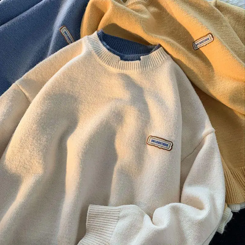 

Soft Thiened Fake Two-Piece Men's Sweater Autumn Winter Loose Lazy Couple Knitted irt round Ne Youth Faion Casual Wear