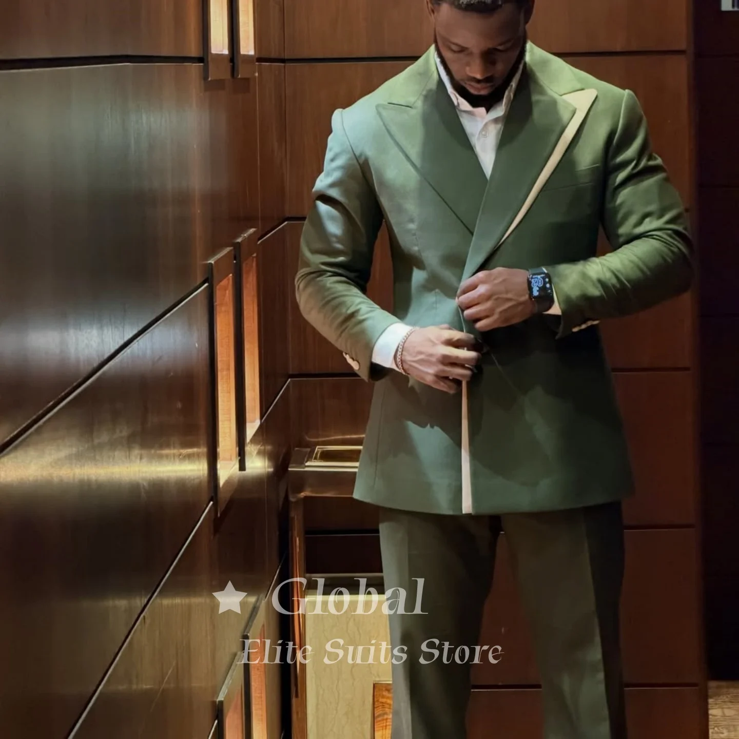 Casual Men's Olive Green 2-Piece Suit Peak Lapel Blazer with Contrast Trim Fit Business Formal Wedding Suits Male Customized