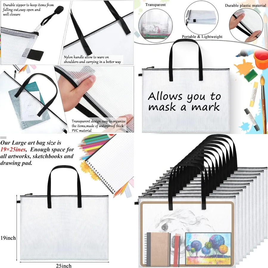 กระเป๋าใส่ผลงานศิลปะกันน้ำ 10 ชิ้นพร้อมซิปและหูหิ้วสำหรับจัดเก็บโปสเตอร์ งานศิลปะ กระดานข่าว แผนภูมิ และการสอน