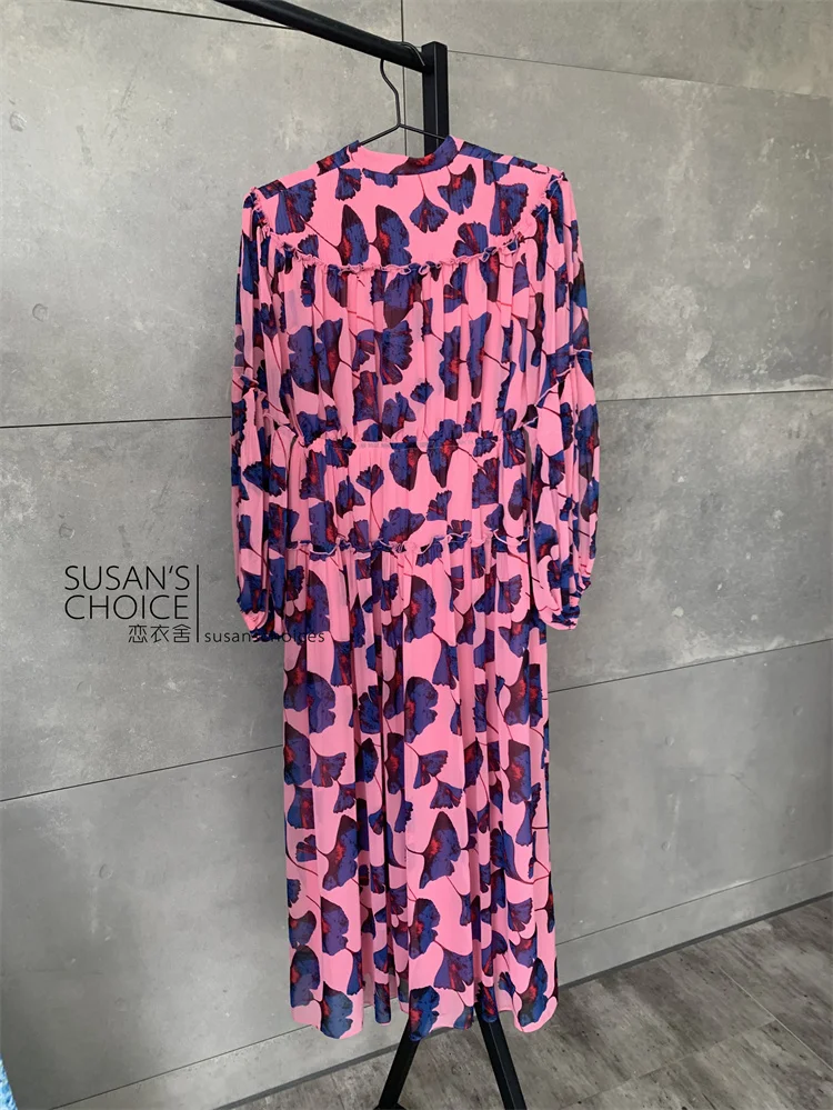 Ele Sweet taille haute Midi Dr avec Bubble Sves rose imprimé fleuri femme fibre de polyester longue Sve printemps été