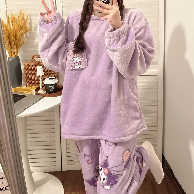 New Sanrio Hello Kitty Cartoon Girls Kawaii Pajamas Flannel Winter and Autumn Plus Velvet Thickened Home Warm Sportswear Gift