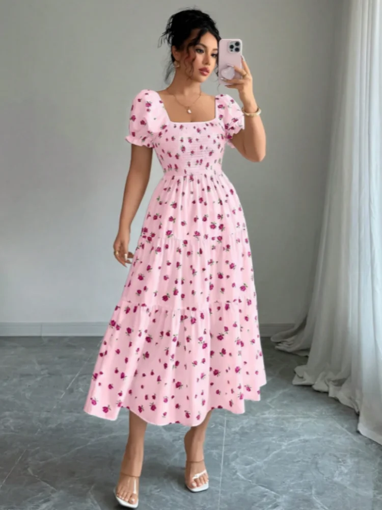 

Elenzga Square Neck Waist Cinched Ditsy Floral Elegant Short Dress For Women