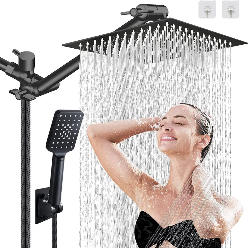 

8 Inch Black Rain Shower Set Luxury Bathroom High Pressure Shower System Adjustable Water Saving Shower Set with Hand Showerhead