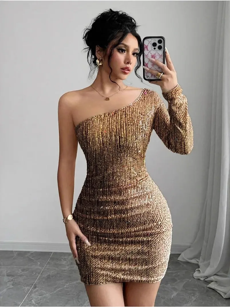 Sexy oulder fente longue Sve moulante Dr or paillettes ort jupe femmes Faion printemps automne Dr brillant Polyester Fiber
