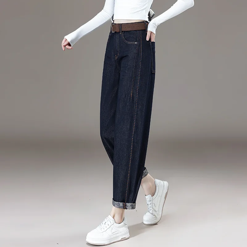 موضة فضفاضة التخسيس تنوعا واسعة الساق الجينز الخريف تصميم جديد الشعور بسيط تنوعا توالت هيم واسعة الساق السراويل العصرية #3