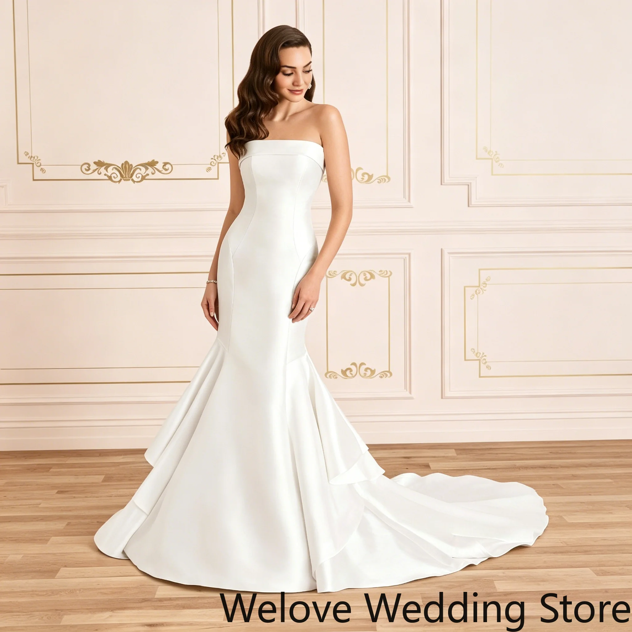 Customized Minimalist Ivory Satin Mermaid Wedding Gown Featuring Clean Straight Strapless Tube Neck, Slim Sculpted Fitted Bodice