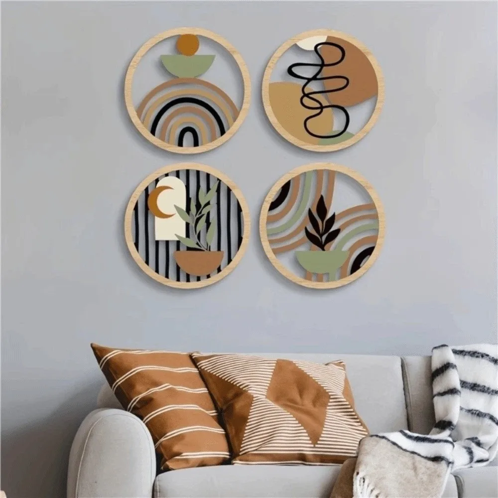 4pcs 2D Wave Bohemian Wall Art Set Round Shape Wooden Hanging Signs for Home Geometric Hollow Design Wall Decoration Bedroom